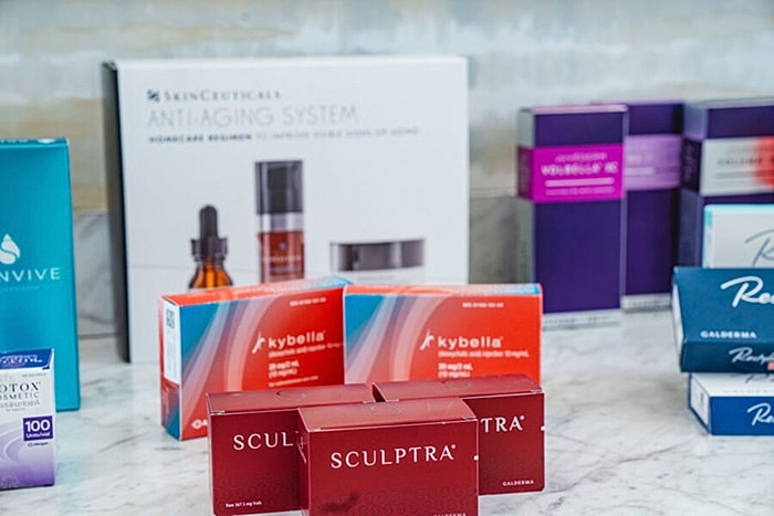 Skincare products and anti-aging treatments displayed.