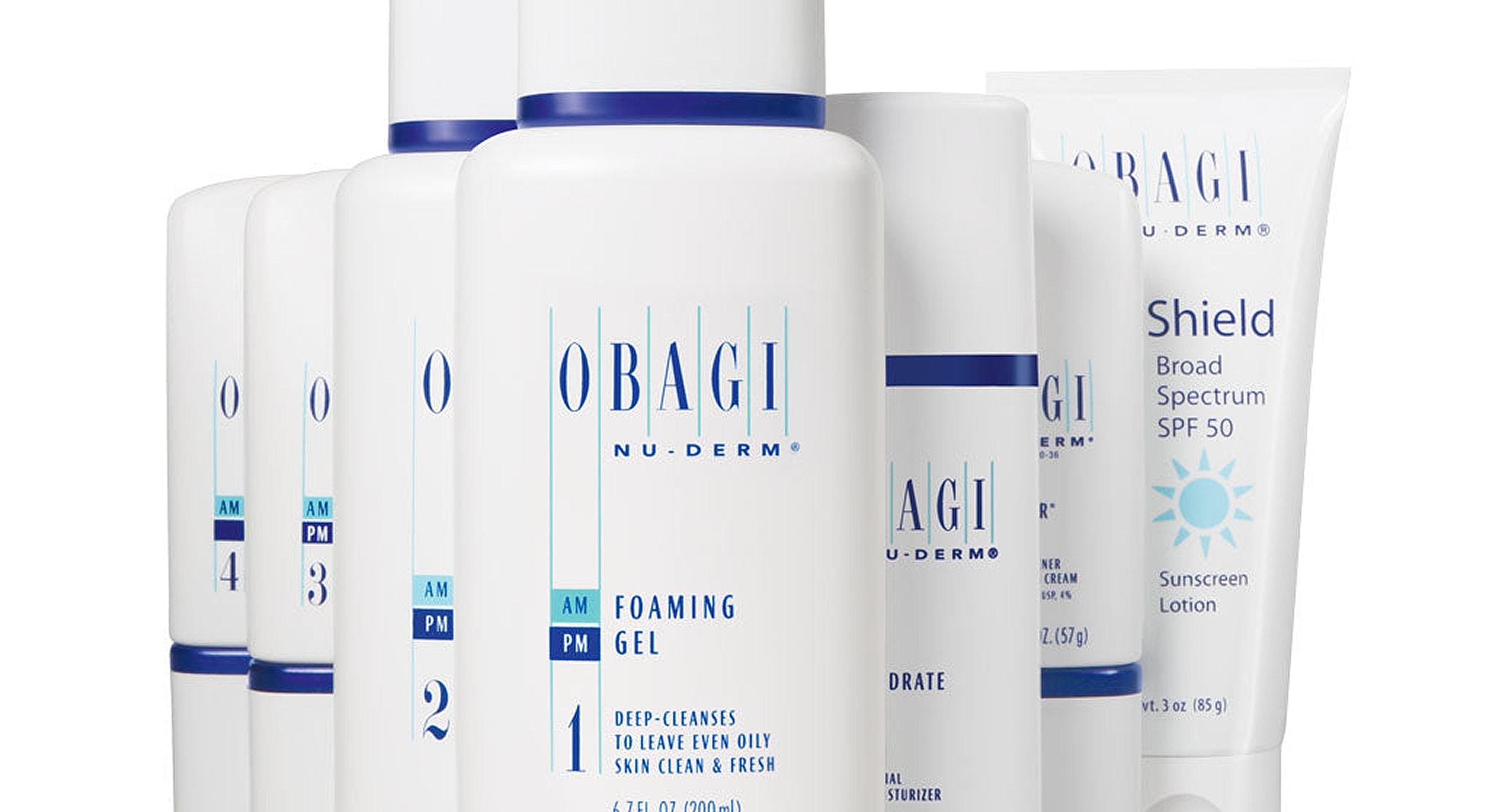 Obagi skincare product bottles on white background.